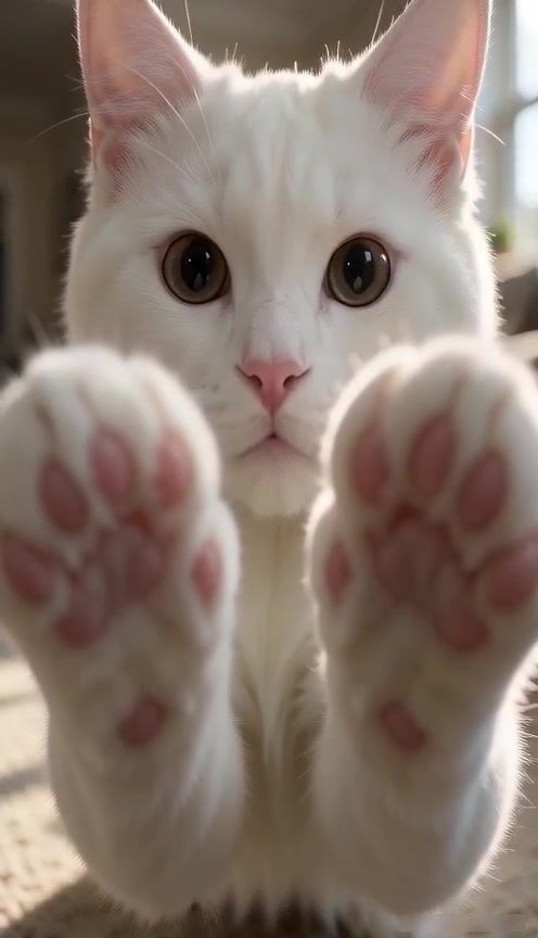 White cat sitting on a rug in a bright living room, looking into the camera