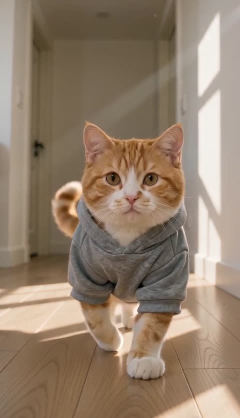 Orange tabby cat in a grey hoodie standing far down a sunny hallway