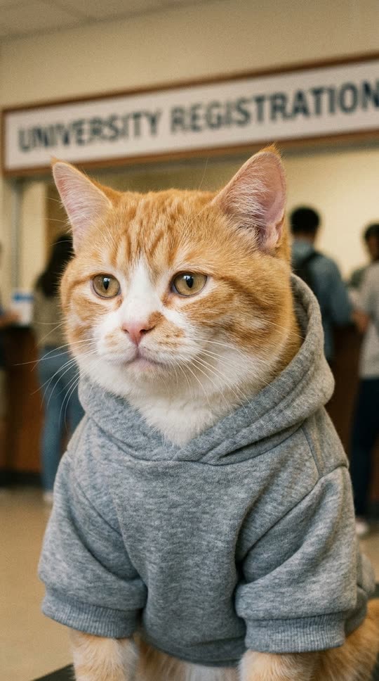 Upload example: an orange and white tabby cat in a grey hoodie sitting and looking straight at the camera